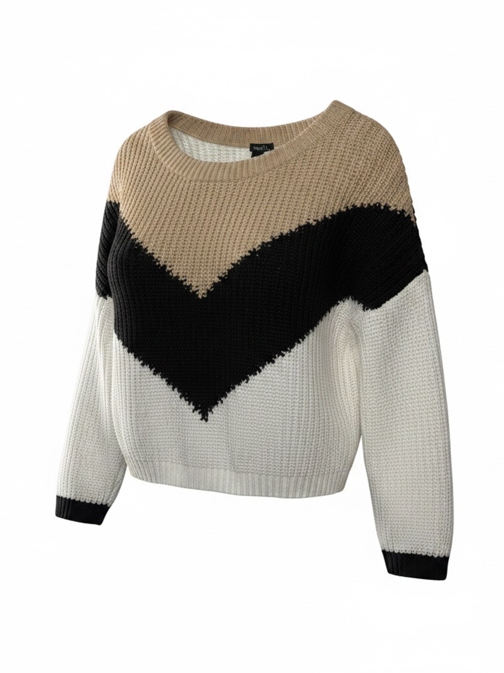 Rue21 Chevron Colorblock Crew Sweater - Beige Black White